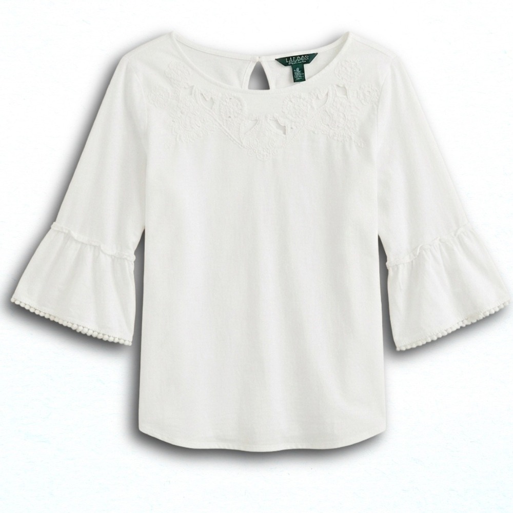 Lauren Ralph Lauren White Embroidered Eyelet Bell Sleeve Blouse Petite Large